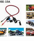 13 Foot 12V Female Cigarette Lighter Socket Extension Cord with battery eyelet ring terminal, 15A fuse, and rubber cap kit