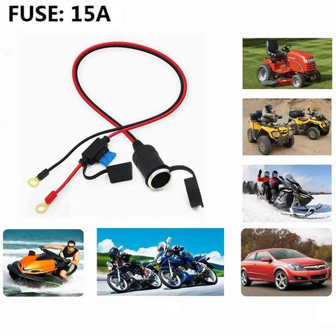 13 Foot 12V Female Cigarette Lighter Socket Extension Cord with battery eyelet ring terminal, 15A fuse, and rubber cap kit