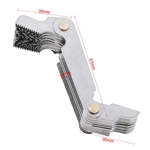 Metal fold-out screw gauge with stacked blades for metric and imperial threads, brass pivots