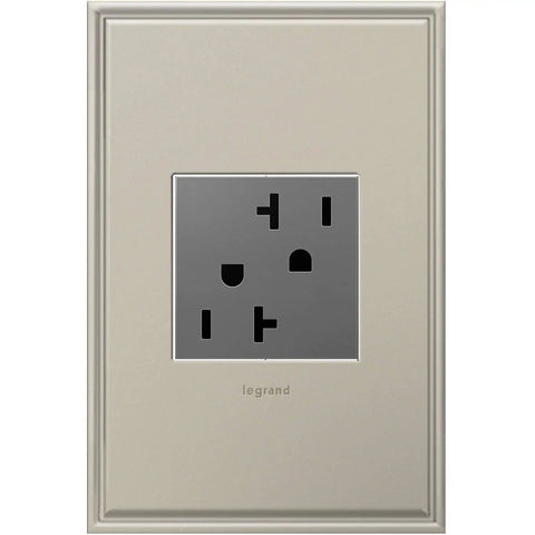 Front view of 20A Tamper-Resistant Outlet in Magnesium Finish, with child-safe shutter system, part of 4-pack for modern reno projects.