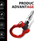 Heavy Duty Forged Car Front Bumper Tow Hook With Secure European Screw On Trailer Eye Ring And Snap Closure Lock Pin Built Tough For Snatching Stuck Trucks And Universal Towing In Red, showcasing rugged design and installation feature.
