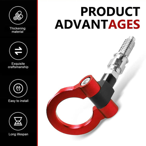 Heavy Duty Forged Car Front Bumper Tow Hook With Secure European Screw On Trailer Eye Ring And Snap Closure Lock Pin Built Tough For Snatching Stuck Trucks And Universal Towing In Red, showcasing rugged design and installation feature.