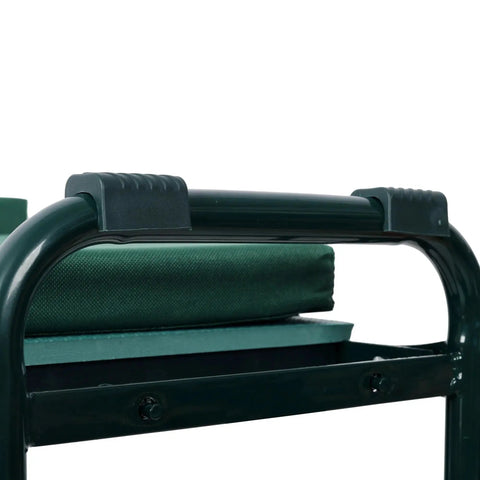 Close-up of foldable garden kneeler and seat with green thick pad, part of heavy-duty gardening stool for kneeling and sitting.