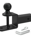 Three In One ATV UTV Trailer Hitch With Two Inch Ball Clevis Pin Hole And Built In Loop For Quick Hookups Beefed Up Towing Mount For Lawn Gear Trailers Winch Straps And More black steel hitch with ball, pin, and clip