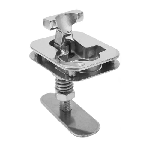 Front view of stainless steel square cam latch with T-handle for marine boat hatch doors.
