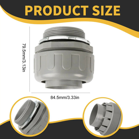 Game Changer 2 Inch Liquid Tight Conduit Connector Grey Set With Steel Locknut and Domed Nut side view showing dimensions