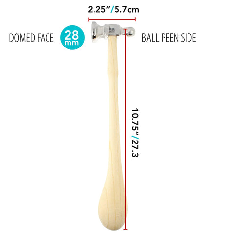 Two-Sided Chasing Hammer With Wooden Handle And Steel Head, 14mm Ball Pein And 28mm Domed Face For Texture, Embossing, And Smoothing
