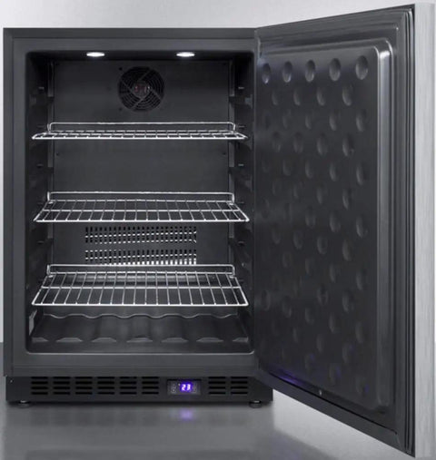 Top Tier Under Counter Upright Freezer With Zero Hassle Frost Free Cool Slick Stainless Steel Build Effortlessly Works In 24 Inch Spaces Looking Fresh And Modern, interior view with multiple wire shelves.
