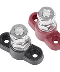 Two Pack 3/8 Inch 12V Car Battery Junction Block With Single Stud Power And Ground Beefy Heavy Duty Insulated Terminal Block For Auto Marine Boat Nylon Base Stainless Steel Studs Copper Spacer Built To Last, showing red and black terminal blocks.
