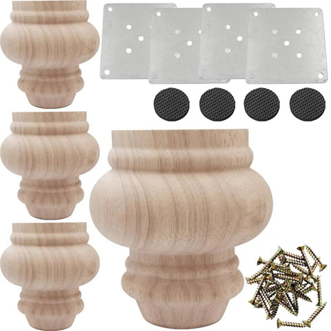 4 Inch Wooden Furniture Legs Unfinished Bun Feet For Sofa Chair Couch Loveseat Ottoman And Dresser Set Of 4 With Included Screws Rubber Pads And Mounting Plates