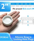 Hand holding BOPOREAE 4 Pack Silicone Plugs For 2 Inch Round Holes, 50.6 Mm Fitment, showing snap in locking design and size diagram.