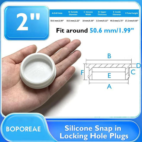 Hand holding BOPOREAE 4 Pack Silicone Plugs For 2 Inch Round Holes, 50.6 Mm Fitment, showing snap in locking design and size diagram.