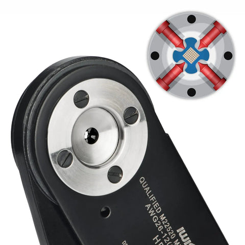 Close-up of Iwiss Deutsch Crimping Tool For Solid Contacts Size 12 16 20, featuring precision gauge for secure automotive wiring connections.