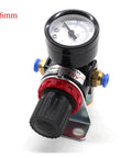 No Sweat Quarter Inch Air Pressure Regulator Valve Featuring Crisp Dial Gauge For Airbrush Spray Painting And Pneumatic Gear Adjusts Flow Zero To Eight Point Five Bar Rock Solid close-up view with gauge and adjustments.