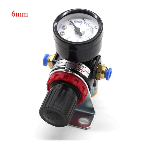 No Sweat Quarter Inch Air Pressure Regulator Valve Featuring Crisp Dial Gauge For Airbrush Spray Painting And Pneumatic Gear Adjusts Flow Zero To Eight Point Five Bar Rock Solid close-up view with gauge and adjustments.