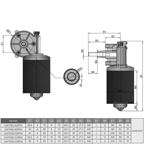 Technical diagram of 24V DC Worm Gear Motor 52 RPM Reversible Beefy High Torque Electric Gearbox Reduction With Left Threaded Shaft GW70105
