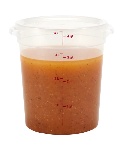 4 Quart BPA Free Food Storage Container With Lid filled with a red liquid, translucent food grade bucket for meal prep