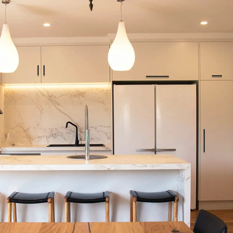 Modern kitchen with white cabinetry featuring 15 Pack Black Cabinet Pulls 4 Inch Square Kitchen Cabinet Handles Matte Black Hardware