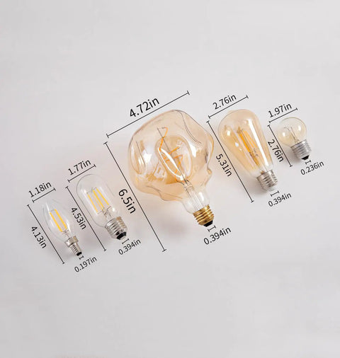 Comparison of various bulb sizes including Oversized LED Edison Bulb 5W 400 Lumens 2200K Warm Amber Glass Globe Large Dimmable E26 Bulb