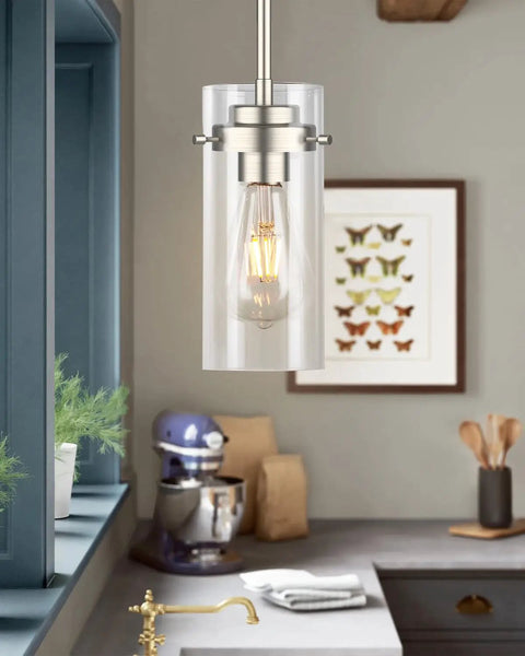 Two Pack Brushed Nickel Pendant Lights For Kitchen Island And Dining Room, Adjustable Drop Height, Clear Glass Farmhouse Ceiling Fixtures, Dope Modern Pendant Lighting For Sink Area And Home Decor