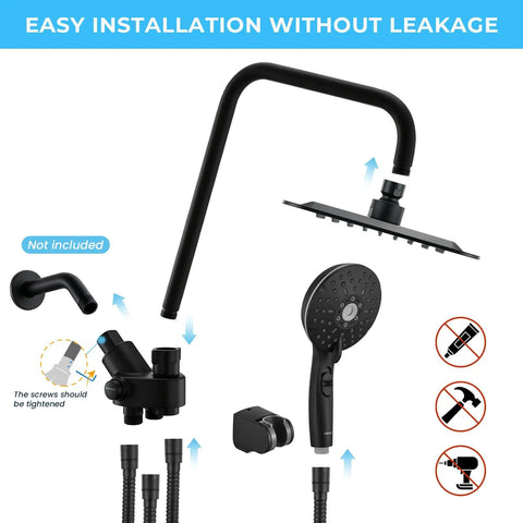 8 Inch High Pressure Rain Shower Head With Handheld Spray Duo Shower Head Set, shown with components and matte black finish