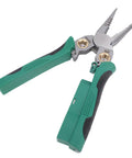 Top Shelf Electrician Wire Stripper And Crimping Pliers With Built In Voltage Tester, Heavy Duty Cable Cutter, Ergonomic Comfort Grip, Smooth Multi Function Electrical Tool For Real Hustlers showing green ergonomic handles and stainless steel jaws.