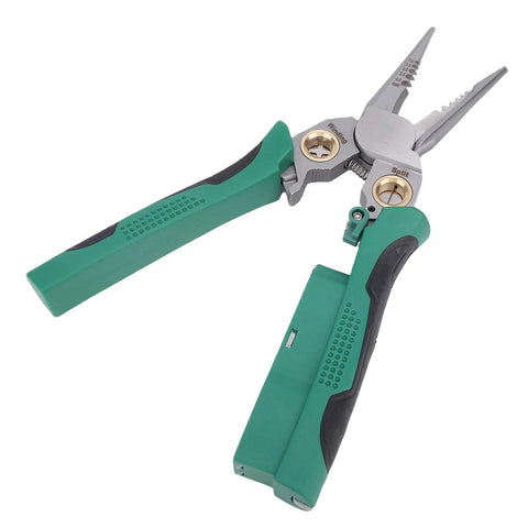 Top Shelf Electrician Wire Stripper And Crimping Pliers With Built In Voltage Tester, Heavy Duty Cable Cutter, Ergonomic Comfort Grip, Smooth Multi Function Electrical Tool For Real Hustlers showing green ergonomic handles and stainless steel jaws.
