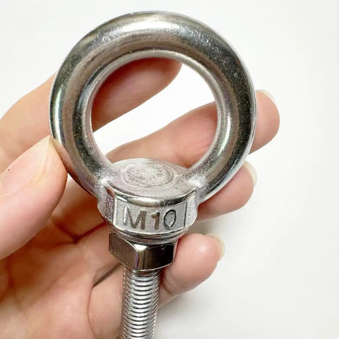 Close-up of Two Pack Heavy Duty M10 Stainless Shoulder Eye Bolt Set With Nuts And Flat Washers 72mm Total Length 30mm Thread Corrosion Resistant