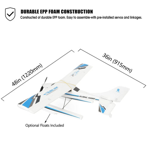 RC Seaplane Trainer With Floats Included, 2.4 GHz 1.2m Grab And Go Ready To Fly Aircraft dimensions, foam construction, optional floats