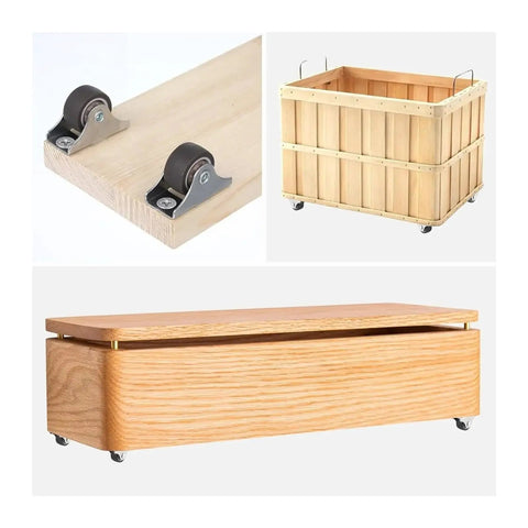 Fixed TPR Rubber Caster Wheels Low Profile Non Swivel Design on wooden furniture and storage container for easy movement.