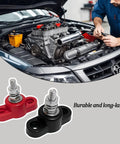 Sweet Two Piece Car Battery Junction Block With Solid Quarter Inch Terminals For 12V Rigs featuring red and black terminals in engine bay.