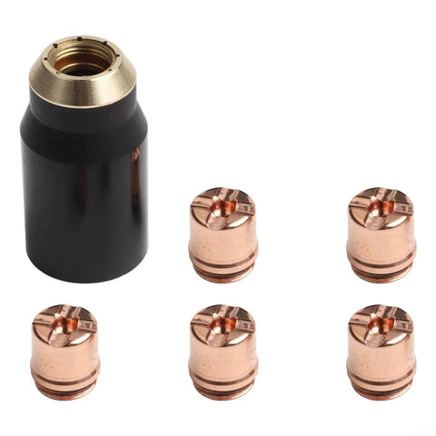 Six Piece Plasma Torch Consumable Shield Cups And Brass Nozzles For Sl60 Sl100 with five nozzle tips and one shield cup.