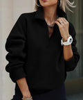 Womens Half Zip Oversized Fleece Hoodie Sweatshirt Black Size M with soft inner fleece, shown with half-zip unzipped.