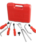 8 Piece Brake Service Kit With Spring Installer And Remover Pliers DIY Friendly Tools Set In Red With Durable Carrying Case displayed.