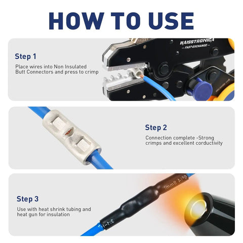 Guide on using Non-Insulated DIY-Friendly Butt Connectors Kit With 100 Pcs Tinned Copper Uninsulated Wire Connectors For Auto And Marine Use AWG 22-16 Chamfered Entry For Easy Wire Insertion