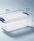 Pack Of Three 7 Quart Clear Plastic Storage Bins Featuring Heavy Duty Walls And Foolproof Snap Lock Lids To Keep Garage Or Desk Clutter Totally Under Control For Busy Mornings, showing size dimensions.