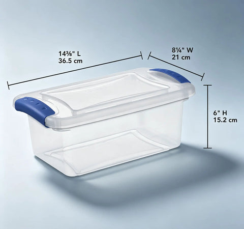 Pack Of Three 7 Quart Clear Plastic Storage Bins Featuring Heavy Duty Walls And Foolproof Snap Lock Lids To Keep Garage Or Desk Clutter Totally Under Control For Busy Mornings, showing size dimensions.