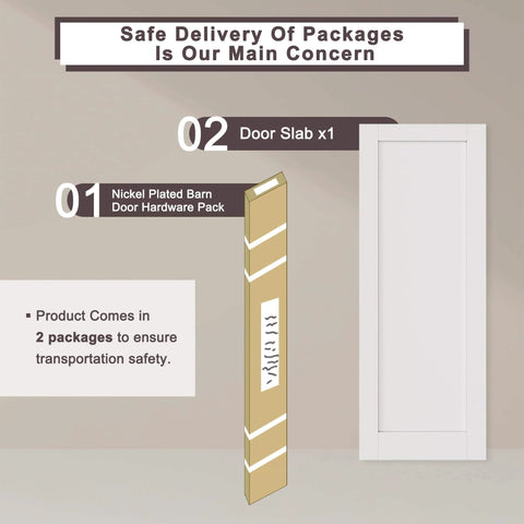 Sliding Barn Door With Hardware Kit, White Primed Solid Manufactured Wood Panel, Durable Track System, packaging contents