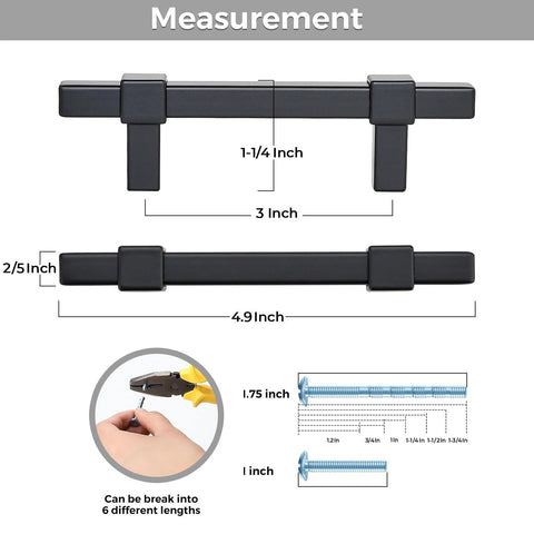Matte Black Cabinet Pulls 30 Pack Stainless Steel 3 Inch Center To Center Drawer Handles with measurement details