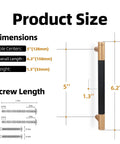 Product dimensions with knurled cabinet pull in matte black and champagne bronze, showing 5” hole centers and screw length chart.