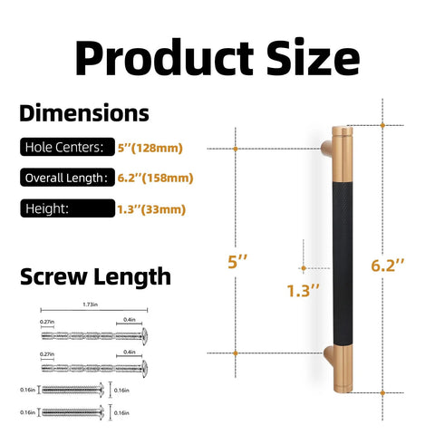 Product dimensions with knurled cabinet pull in matte black and champagne bronze, showing 5” hole centers and screw length chart.