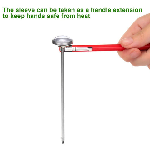 Hand holding a red 1-inch pocket thermometer with calibration sleeve, part of 3 Pack Instant Read Dial Thermometers With Calibration Sleeves