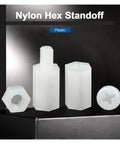 White Nylon Hex Standoff Spacer Set With Male Female Threading For Motherboard PC Support showing various sizes and shapes of standoffs.