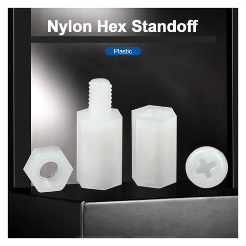 White Nylon Hex Standoff Spacer Set With Male Female Threading For Motherboard PC Support showing various sizes and shapes of standoffs.