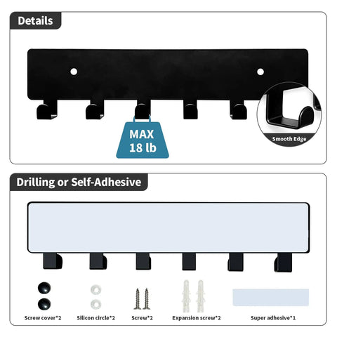 Wall Mounted Key Rack With Six Heavy Duty Hooks For Hallway Or Entryway Self Adhesive Metal Key Holder In Matte Black