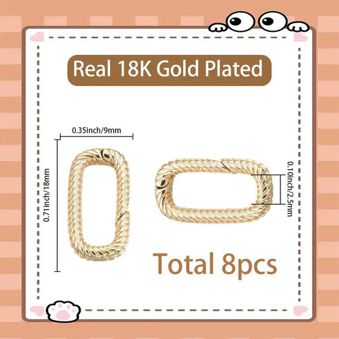 Eight Pieces Real 18K Gold Plated Brass Spring Gate Rings With Oval Clasps Carabiner Snap Hooks Keyring Buckles