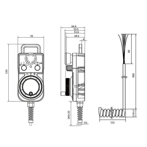 Technical diagram of Standard 5V MPG 4 Axis 6 Axis CNC Electric Handwheel Motion Control System with detailed measurements