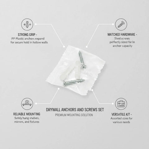 Hollow Wall Mount Kit With PP Plastic Anchors And Steel Screws For Drywall shown with packaging, expansion plugs visible.