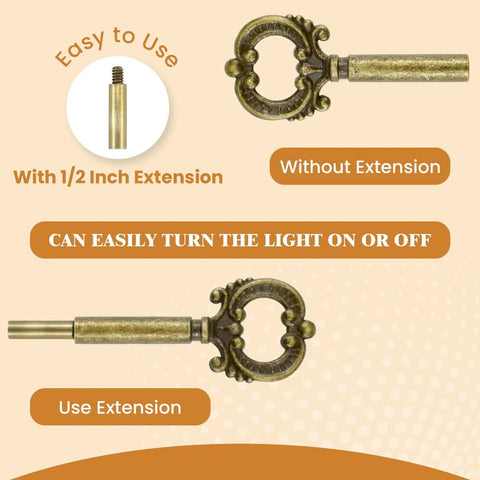 Set Of Four Heavy Duty Brass Finish Lamp Turn Knobs For Retro Lighting Fixtures Featuring Smooth Twist On Off Switches Crafted From Solid Zinc Alloy Hardware That Adds A Pretty Darn Cool Vintage Vibe To Your Home Setup with 1/2 inch extension shown.