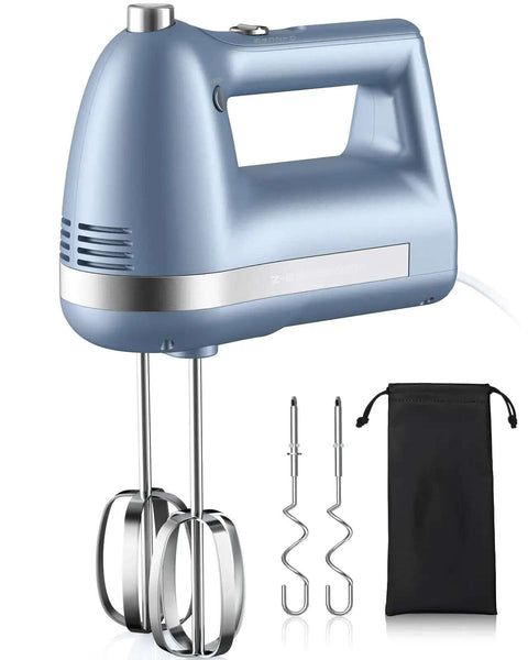 No Drama Electric Hand Mixer Featuring Five Speed Settings And Turbo Boost, Heavy Duty Stainless Beaters Plus Dough Hooks For Whipping Cream Mixing Batters And Mashing Potatoes Like A Champ, Includes Nifty Storage Sleeve with stainless beaters and dough hooks.